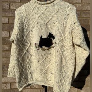 Vntg Acorn Cream Wool Embroidered Fisherman Knit Scottish Terrier Floral Sweater